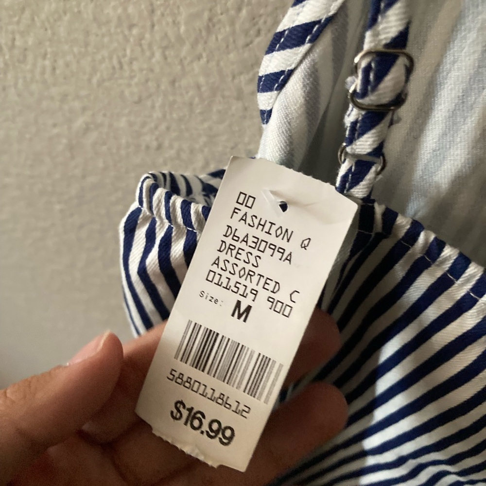 Spaghetti strap blue and white striped dress with brown buttons. missing a belt